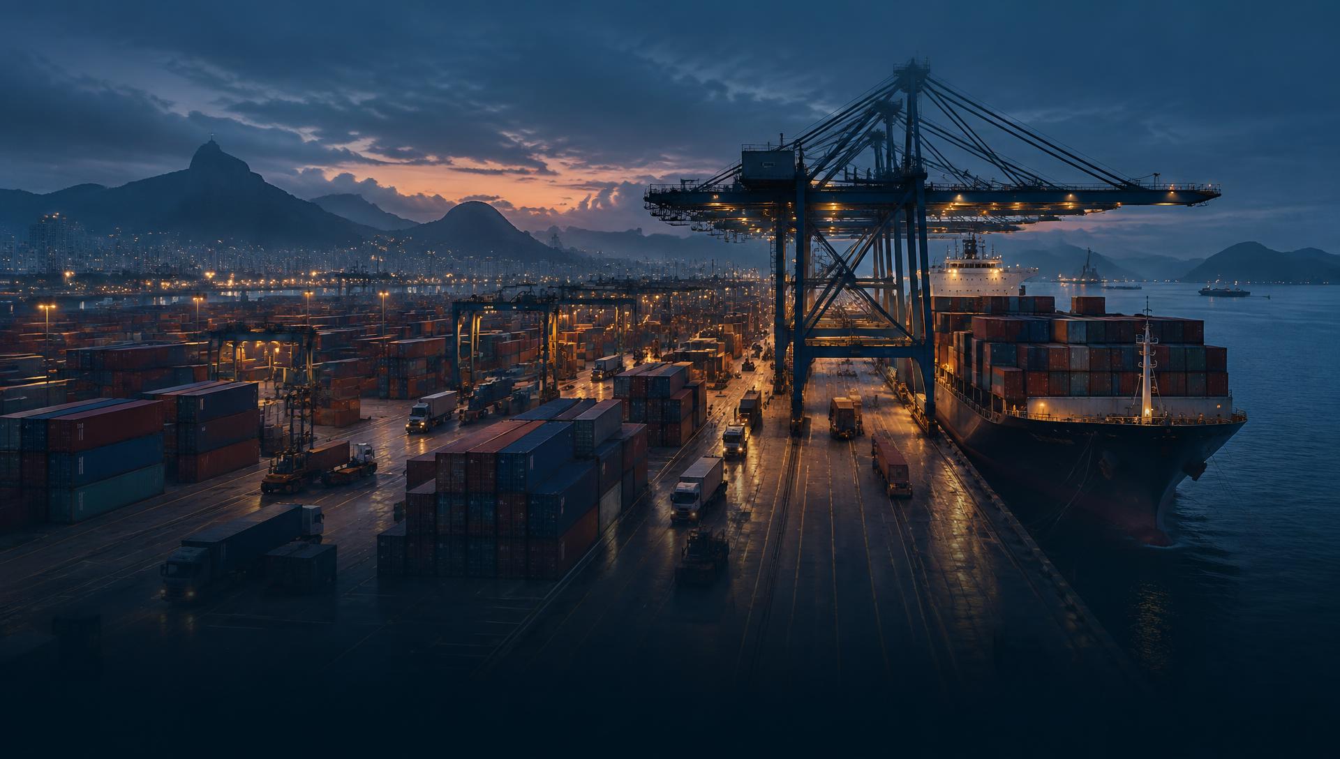 Terminal portuário de exportação ao entardecer